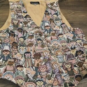 Vintage 90s Nadia Tapestry Vest M Children Print Teacher Novelty USA Made